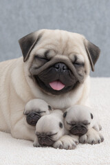 Pug Mother and Puppies - A Touching Moment