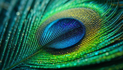Fototapeta premium A stunning macro close-up captures the vibrant, colorful eye pattern and intricate texture of a beautiful green and blue peacock feather