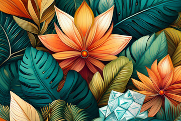 Vibrant tropical jungle pattern with flowers and crystals