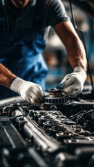 Mechanic repairs car engine automotive part maintenance