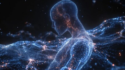 Abstract digital human figure with glowing particles and connections