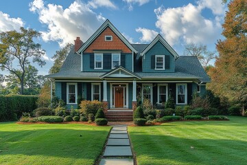 Obraz premium Traditional two-story house with green exterior and orange accents, surrounded by well-kept garden and large green lawn under a bright blue sky with clouds