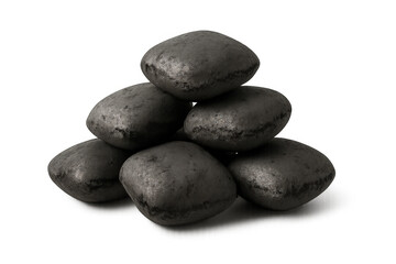 Pyramid-stacked coal briquettes waiting for grilling or fireplace use, displayed on clean transparent surface
