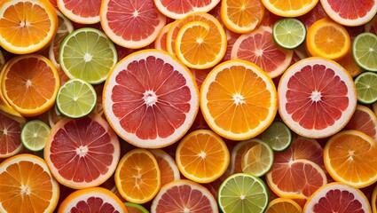 Obraz premium Fresh Citrus Fruit Slices Assortment of Grapefruit Orange and Lime Vibrant Color Display