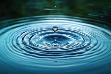 Close-up of a water droplet creating concentric ripples on a calm water surface, evoking a sense of tranquility and focus