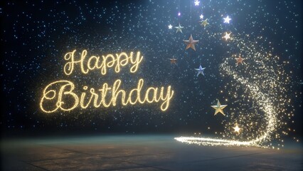 Celebration design of a Happy Birthday card with winter snow and starlight illustration