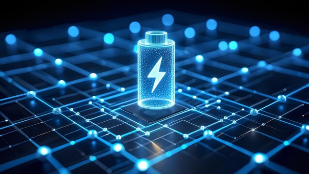 Futuristic Battery Technology Concept with Glowing Circuitry and Energy Bolt Symbol