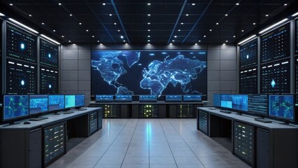 A high-tech control room with multiple monitors displays global data and digital maps, featuring advanced technology and network monitoring.