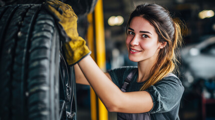 beautiful latina mechanic woman 24 years old changing car tires using automated lift tools in a modern workshop