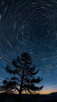 Watch a vertical timelapse where startrails streak across the sky, tracing elegant patterns that reveal time&rsquo;s passage in dazzling stellar choreography.