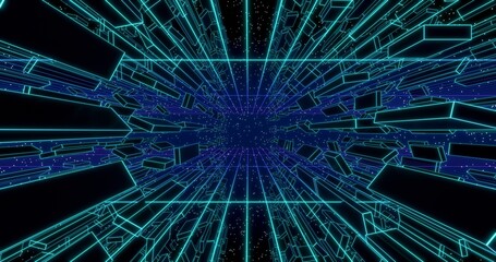 Futuristic glowing neon wireframe background. Shining grid planes and rectangular prism in perspective. Retro digital cyberspace against starry sky. 3D rendering.