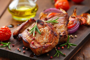 Grilled Meat with Rosemary and Vegetables on Wooden Board Gourmet Food Still Life
