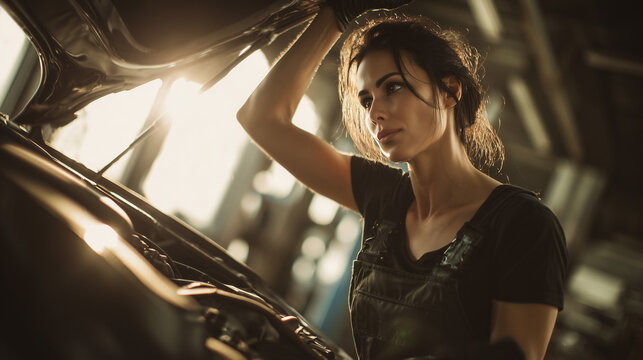  beautiful female mexican 23 years old professional mechanic tightening bolts under the hood of a luxury electric vehicle