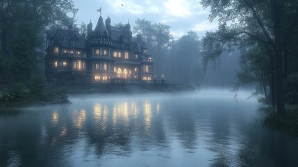 Fototapeta premium Enchanted Lake Mansion: A Mystical Twilight