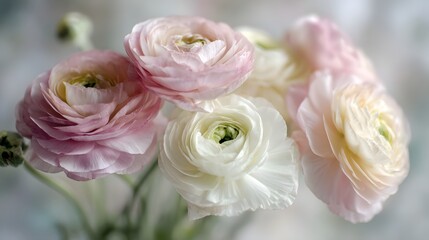 Obraz premium Pink and white ranunculus bouquet, a delicate floral centerpiece symbolizing grace and elegance.