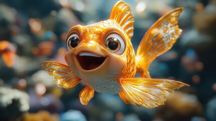 Cheerful cartoon goldfish in an aquarium setting