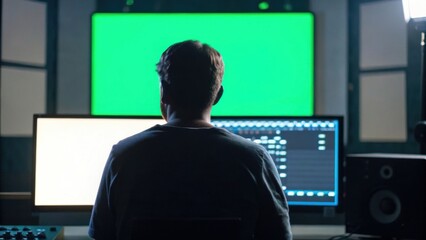 A person works at a computer with a green screen background, likely editing or creating digital content in a dimly lit studio.