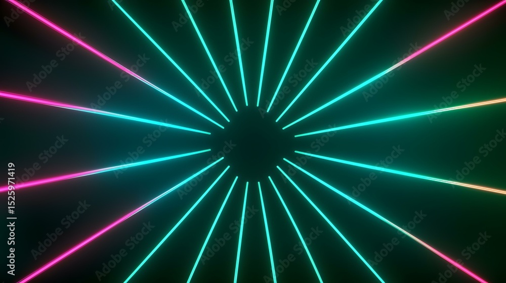 Poster the image contains a dark background with multiple radiating neon lines of teal and pink, emanating 