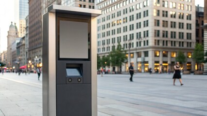 Obraz premium A modern digital kiosk stands in a city square surrounded by tall buildings and pedestrians.