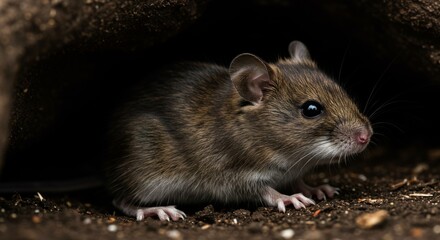 House Mouse in Burrow - Close-up of a brown house mouse peeking from its burrow in the ground. Dark background
