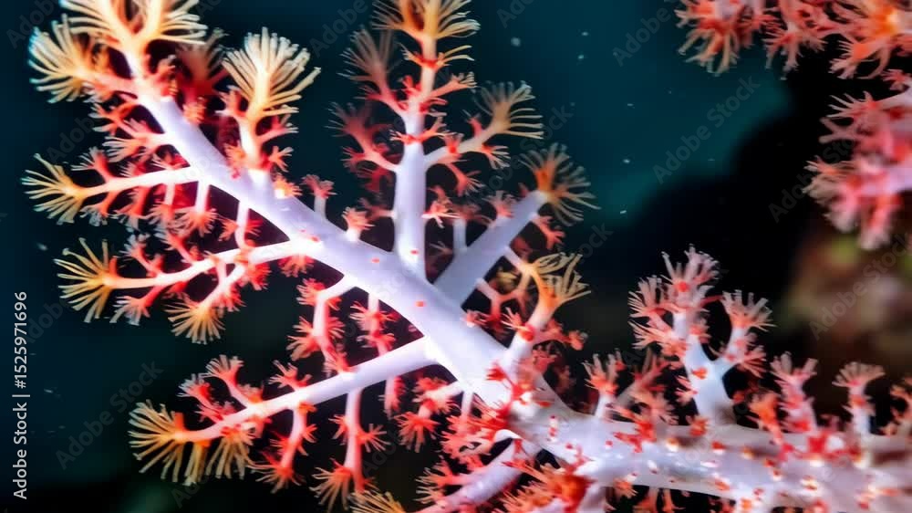 Poster close up of a delicate soft coral colony with polyps extended in an underwater ocean environment