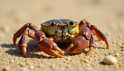 Camouflaged crab partially buried in sand; visible claws, animal photography, claws, crab