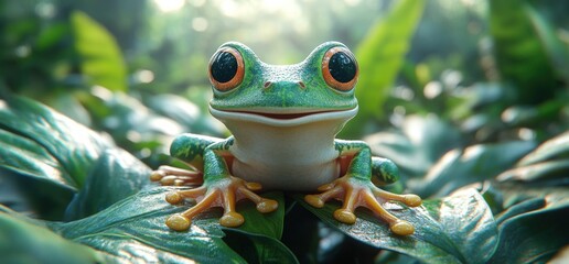Adorable green tree frog resting on lush foliage