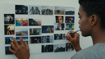 Man reviewing storyboard with diverse images attached to a white wall using a pen and his fingers