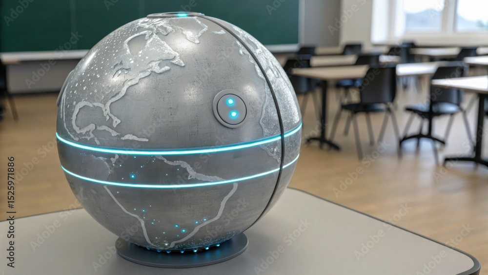Poster a futuristic metallic globe with glowing blue lines sits on a desk in a classroom with empty chairs 