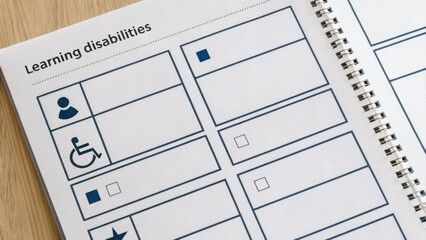 An open notebook page titled "Learning disabilities" with icons and checkboxes for categorizing or tracking learning disability information.