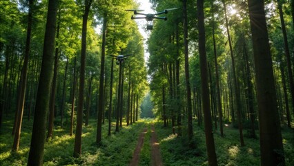 Fototapeta premium Two drones flying through a sunlit forest with tall trees and green foliage along a narrow dirt path.