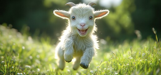 Adorable baby goat leaping in a grassy field