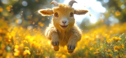 Adorable baby goat leaping through a field of flowers