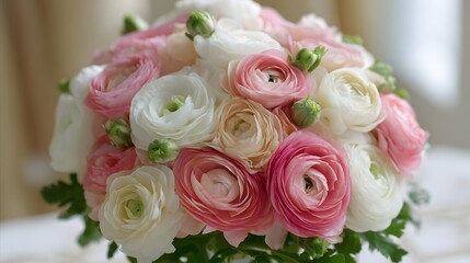 Obraz premium Pink and white ranunculus bouquet, a delicate floral centerpiece symbolizing grace and elegance.