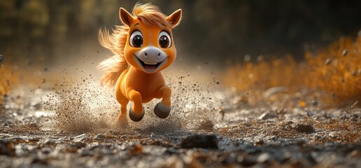 Cute horse running through dusty trail