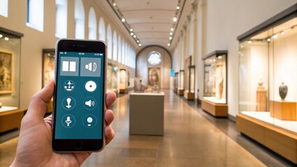 A person uses a smartphone with accessibility features enabled inside a bright, spacious museum gallery showcasing various artworks and sculptures.