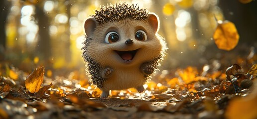 Adorable hedgehog in autumn leaves