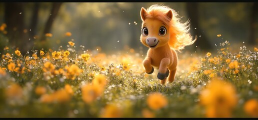 Adorable pony running through a field of wildflowers