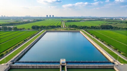 A vast, rectangular water reservoir is surrounded by expansive green agricultural fields under a partly cloudy sky.