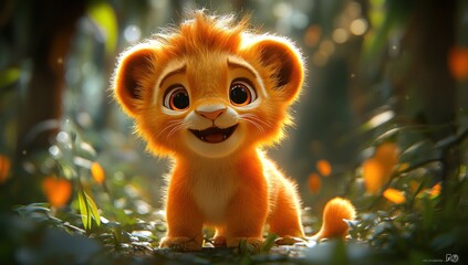 Adorable lion cub in jungle setting