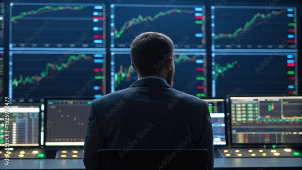 Poster a man monitors multiple stock market charts and data on several screens in a trading room, analyzing