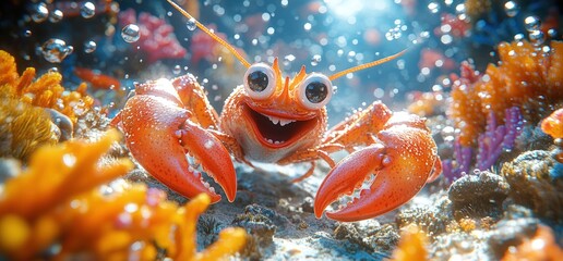 Happy cartoon crab in a coral reef