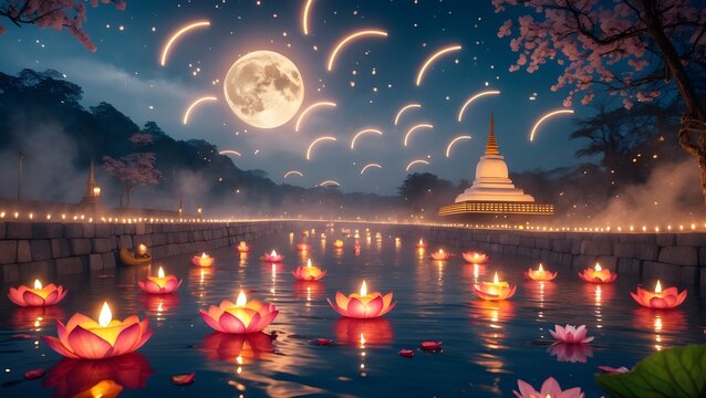 Buddhist Poson/Vesak Night Magic &ndash; Floating Lotus Lanterns and Golden Stupa by Moonlight ,Peaceful Vesak Celebration,Vesak Lantern Festival,Poson Lantern Festival photo