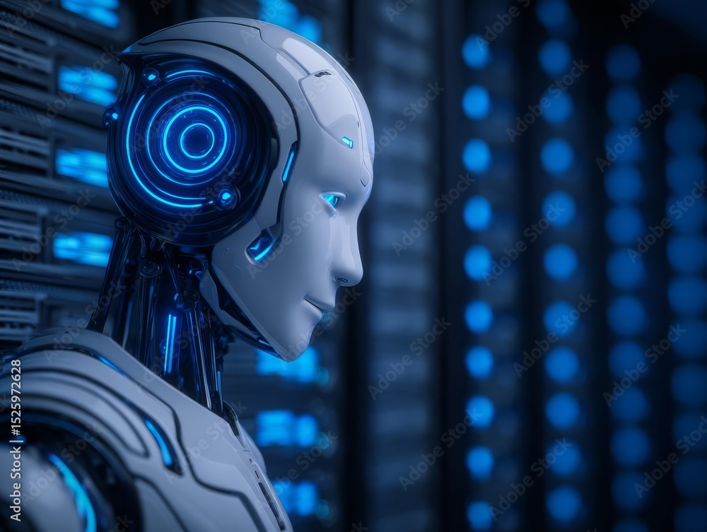 Poster futuristic robot design with blue lights in a server environment.
