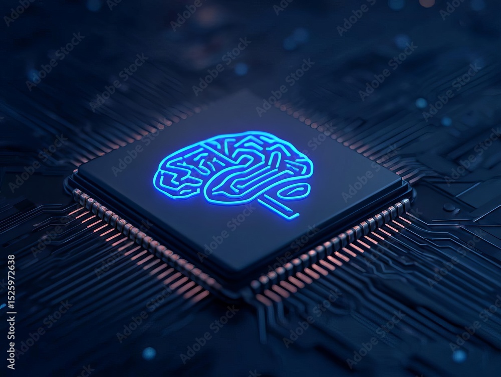 Aufkleber a close-up of a microchip with a glowing brain design.