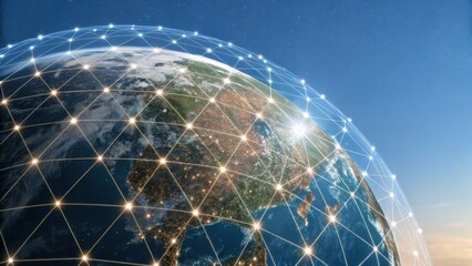 A digital network grid of interconnected lights overlays Earth, symbolizing global connectivity and communication under a clear sky with the sun rising.