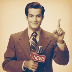 AI generated vintage retro handsome executive news anchorman pointing up with his finger