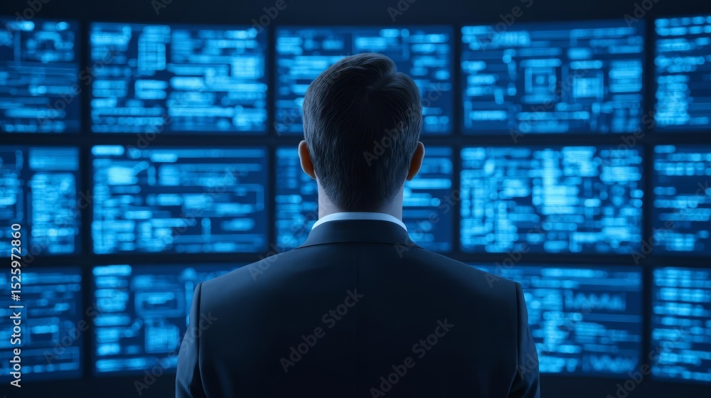 Poster person analyzing data on multiple screens in a dark environment.