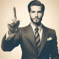 AI generated vintage retro handsome executive news anchorman pointing up with his finger