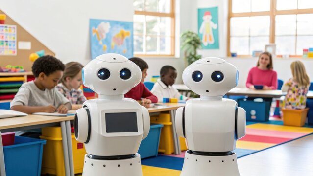 Two white robots with screens on their chests stand in a colorful classroom, where children and a teacher engage in learning activities. - Powered by Adobe